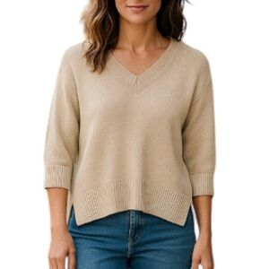 WORKSHOP Republic Clothing NWT Tan Cotton V-Neck Sweater Coastal Preppy Size XS